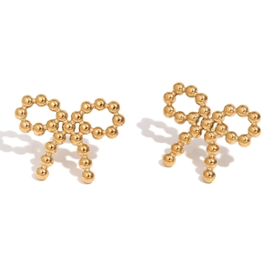 18K gold plated stainless steel bow stud earrings with delicate beaded design for women