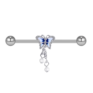 Silver industrial barbell featuring a blue butterfly pendant and hanging metal chains