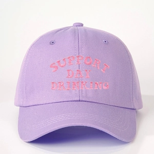 Lavender cotton baseball cap featuring pink Support Day Drinking embroidery on crown