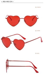 Three-angle views of red heart shaped sunglasses with metallic frames and red lenses