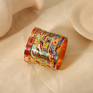 Emaille Bemaltes Edelstahl Manschettenarmband 18K Vergoldet Geometrisches Muster Retro Boho Schmuck Für Damen