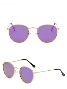 Detailed front and side views of C10 vintage round gold metal polarized sunglasses
