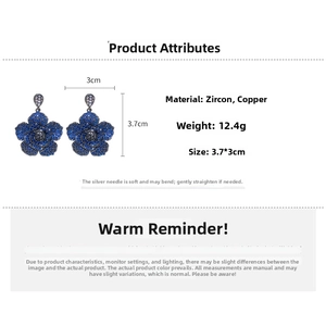 Detailed specs of blue zircon flower earrings with copper material and size dimensions