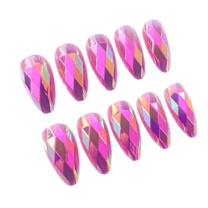 Holographic stiletto press-on nails with 3D diamond texture in vibrant purple rainbow colors
