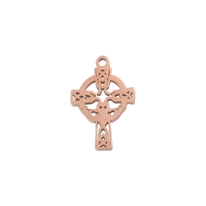 Detail of rose gold Celtic cross pendant with intricate cutout knot design in mirror steel