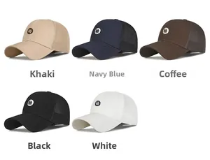 Five assorted breathable mesh baseball caps in khaki, navy, coffee, black, and white
