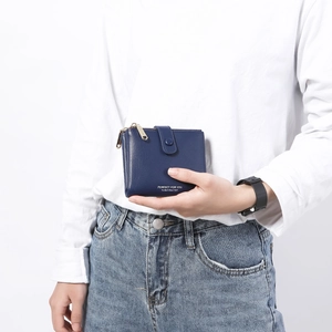 Short navy blue PU leather wallet for women with zipper pocket and snap closure