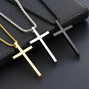 Cross Pendant Necklace Polished Stainless Steel Religious Faith Jewelry For Men Hip Hop Casual Style