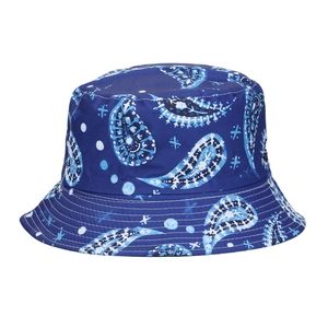 Dark blue paisley print bucket hat in durable canvas for outdoor sun protection