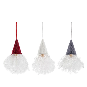 Three Christmas gnome ornaments in red, white, and gray knit hats for tree decoration