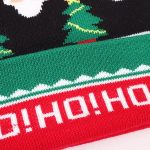 Detailed close-up of Christmas beanie cuff with HO HO HO text and knitted patterns