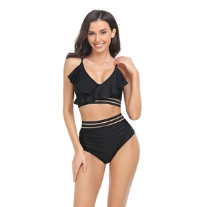 Two-piece black bikini set with ruffle V-neck top and high waisted mesh panel bottoms