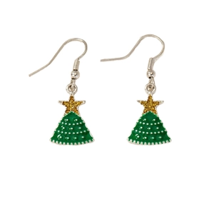 Elegant gold and green enamel Christmas tree earrings for women on a white background