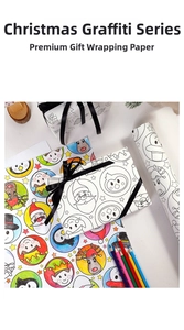 Detail of DIY Christmas coloring wrapping paper with Santa and reindeer cartoon outlines