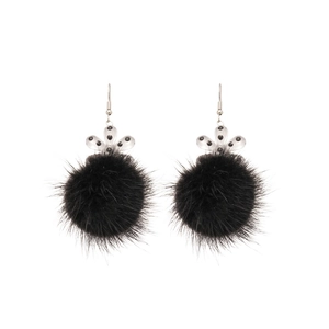 Elegant acrylic flower and black faux fur pom-pom drop earrings with silver hooks