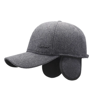 Winter wool baseball cap for men with ear protection and warm sport emblem in dark grey