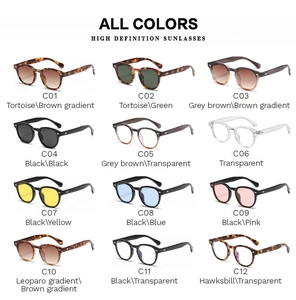 Grille montrant les 12 variantes de couleurs des lunettes de soleil rondes vintage