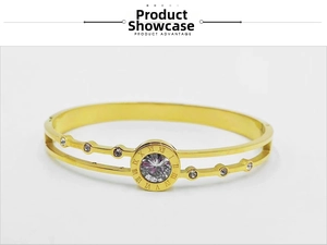 Detail of rose gold double-layer hollow bangle with Roman numerals and zircons