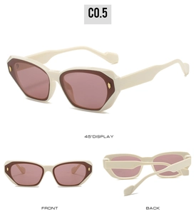 Detail view of cream white square sunglasses with purple lenses and gold rivet accents