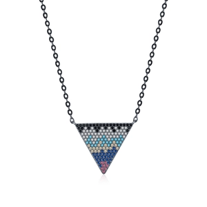 S925 sterling silver inverted triangle necklace with multicolor zircon wavy pattern