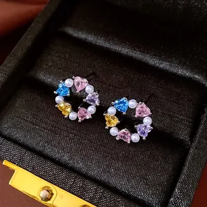 Colorful Heart Zircon Wreath Stud Earrings With Silver Earring Post And Faux Artificial Pearl Round Luxury Fashion Jewelry For Women