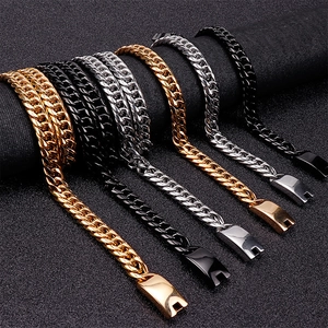 Men's stainless steel Cuban link necklaces in gold, silver, and black finishes