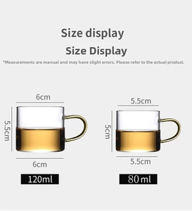 Size chart for heat-resistant borosilicate glass teacups with gold ring handles