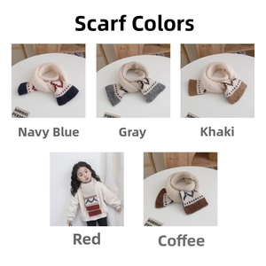 Detail of children's knitted scarves in navy, gray, khaki, red and brown colors