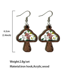 Handmade wooden mushroom drop earrings with floral acrylic inlay and iron hooks for women