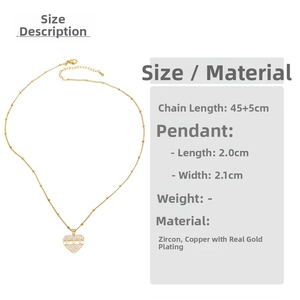 Detailed view of gold heart necklace dimensions 2.0x2.1cm and zircon copper material