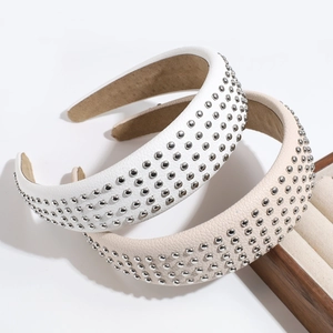 Fashionable PU leather headbands with metal rivets in white and beige colors