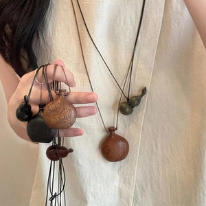 Adjustable Wood Bead Gourd Bottle Pendant Necklace Vintage New Chinese Style Minimalist Sweater Chain For Women Jewelry