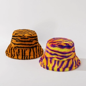 Autumn winter warm tiger stripe plush bucket hats in orange and multi-color patterns
