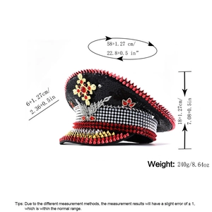 Sparkly black sequin captain hat with red and gold studs for parties and festivals