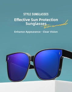 Detail of polarized purple-blue lenses with black frame and golden F-shaped accents