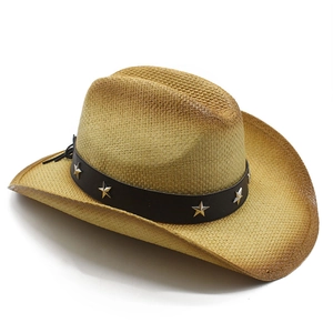 Classic Western straw cowboy hat with silver star rivets and woven roll brim style
