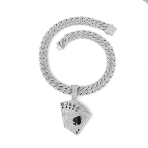 Silver tone Cuban link necklace with iced out royal flush poker card pendant for men