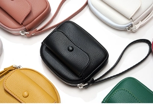 Multi-color leather coin purses with litchi texture, metal zippers and flap buckles