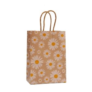 Bolsa de regalo de papel kraft marrón con estampado de margaritas y asas trenzadas