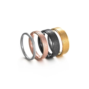 Minimalist 2mm matte stainless steel rings in silver, rose gold, black, and gold finishes