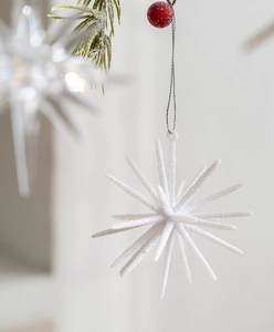 Detailaufnahme weißer glitzernder Weihnachtsstern mit silbernem Faden am Weihnachtsbaum