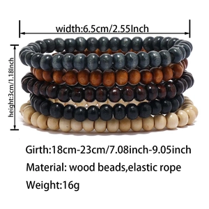 Detail view of stacked beaded wood bracelets with size dimensions and material specs
