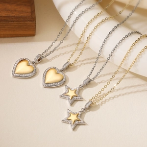 Heart Star Pendant Necklace Copper Gold Plated Pave Zircon Two Tone Fashion Jewelry For Women Elegant Clavicle Chain