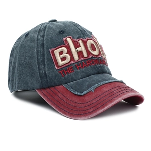 Detailed close-up of vintage distressed embroidery and washed canvas on baseball cap