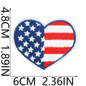 Macro shot of heart-shaped USA flag embroidered patch showing dimensions 4.8cm by 6cm