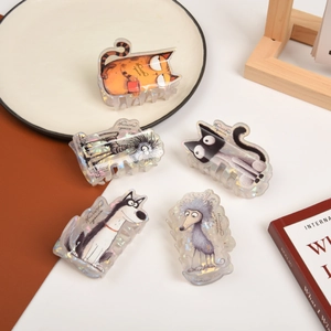 Set of 5 iridescent acrylic cat and dog hair claws with unique cartoon illustrations