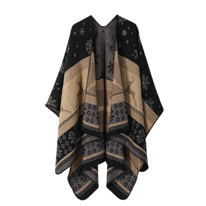 Ethnic knit shawl poncho with black and beige reindeer and snowflake patterns