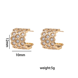 Golden honeycomb hoop earrings with crystals measuring 12mm by 10mm weighing 5g