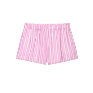 Detail of pink and white vertical striped casual shorts with elastic waistband