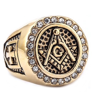 Gold Freemasonry ring for men with G symbol, cross design and sparkling white zircons